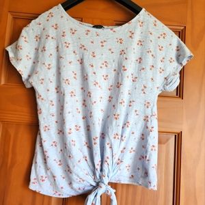 Ann Taylor Leaves Blue Cotton Tie‎ Shirt Top sz Small